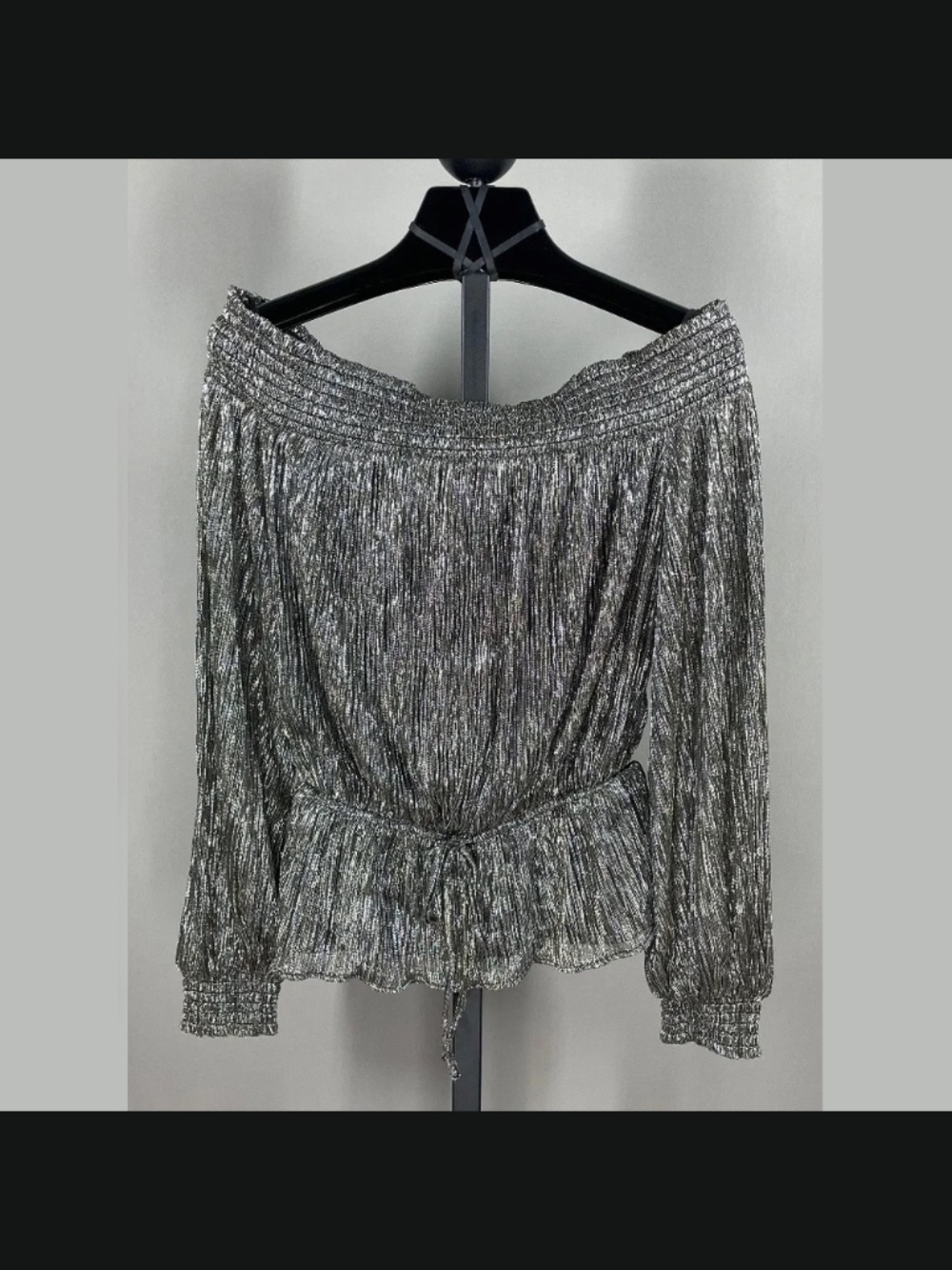 NEW White House Black Market Shirt Womens XS black gold silver off shoulder